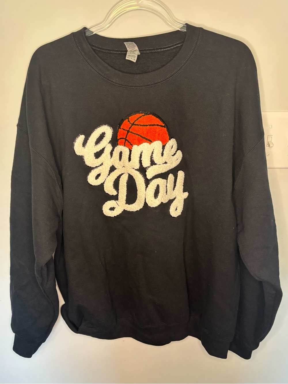 Gildan Black Sweatshirt with White Chenille 'Game Day' and Orange Basketball